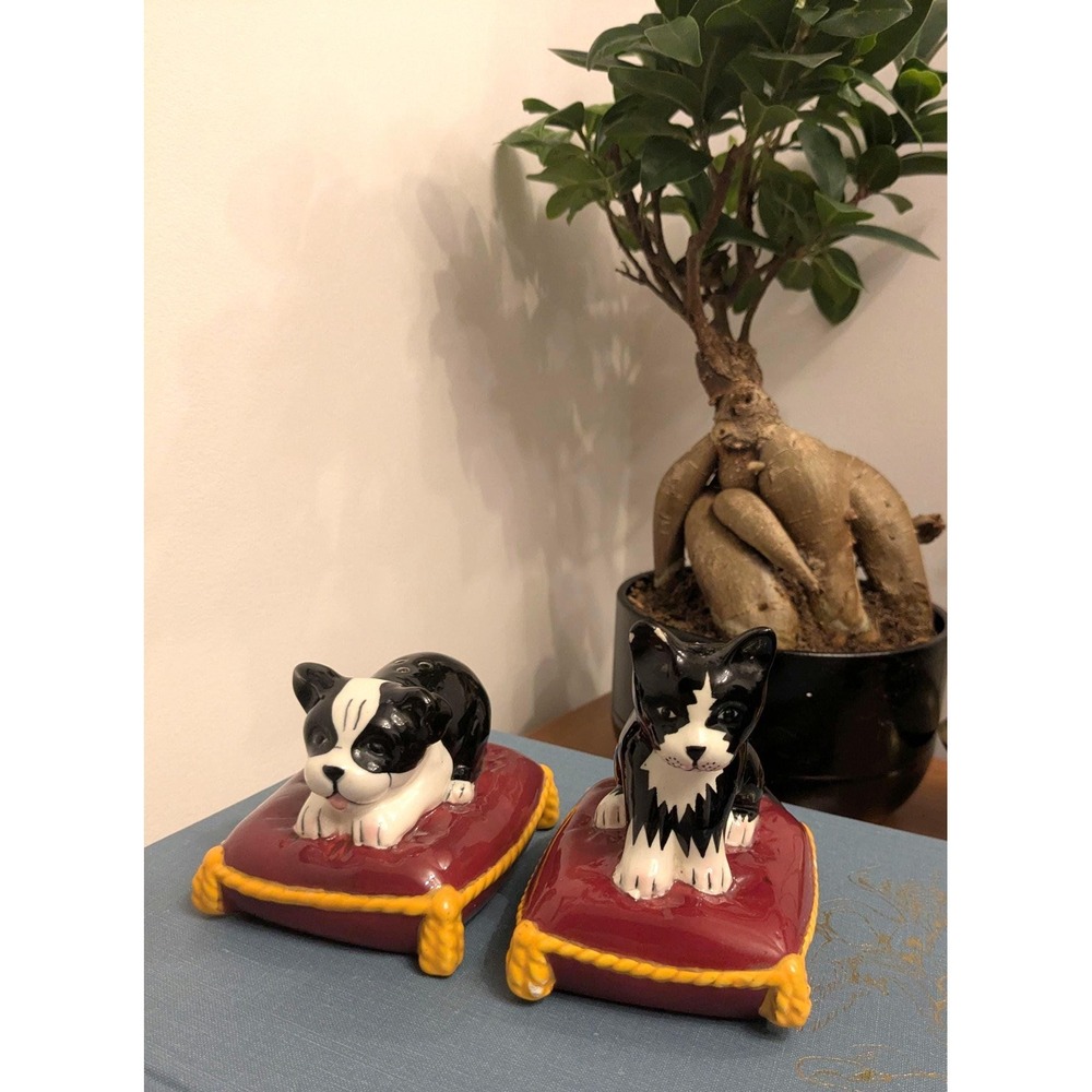 Vintage Dog Salt and Pepper Shakers on Red Cushion – Black and White Puppy Set
